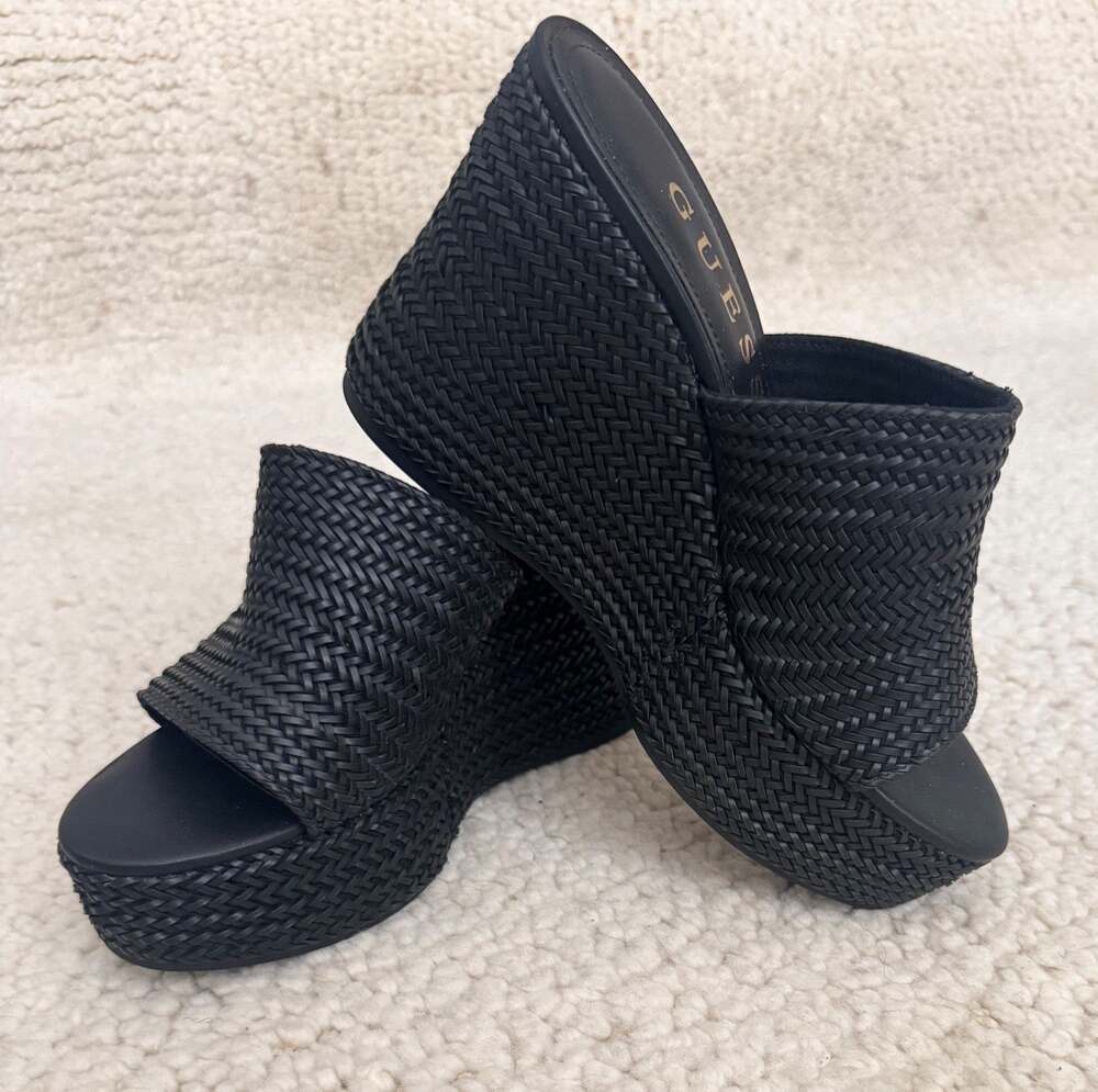 GUESS Womens Gwyenisa Black Woven Platform Wedge Slides Sandals US 9M NIB